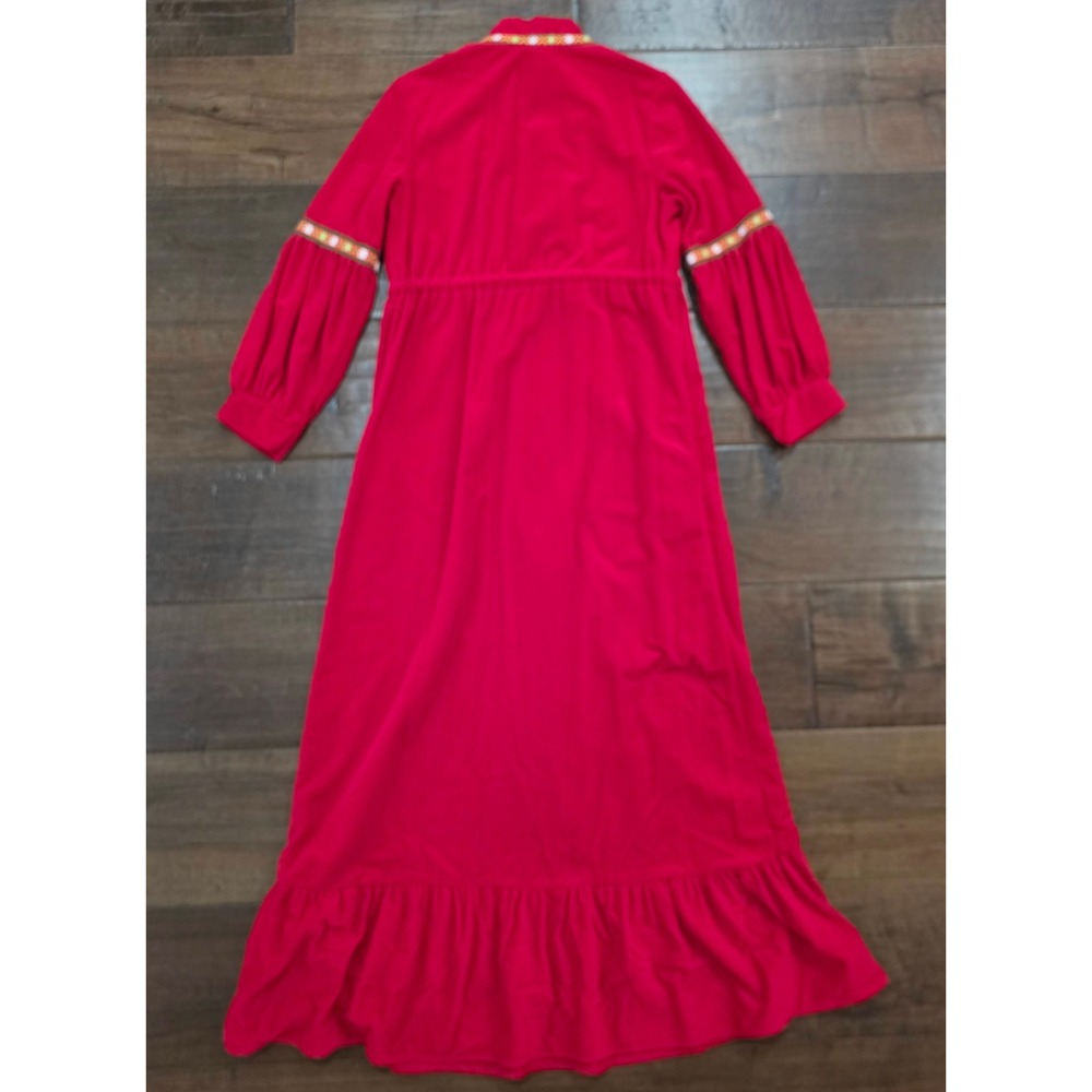 Vtg Rare Boho M Cottagecore Red fleece robe floral 70s ruffle hem loungeware - Picture 8 of 12